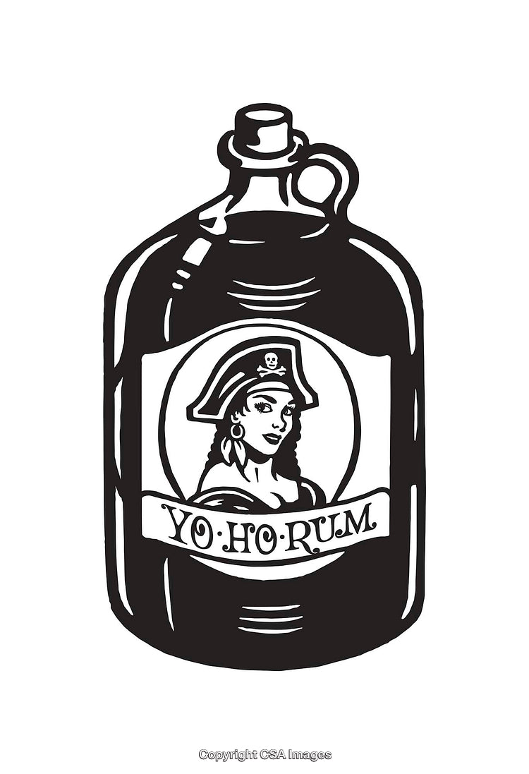 Black and White Line Art Illustration of a Rum Bottle with Pirate Theme