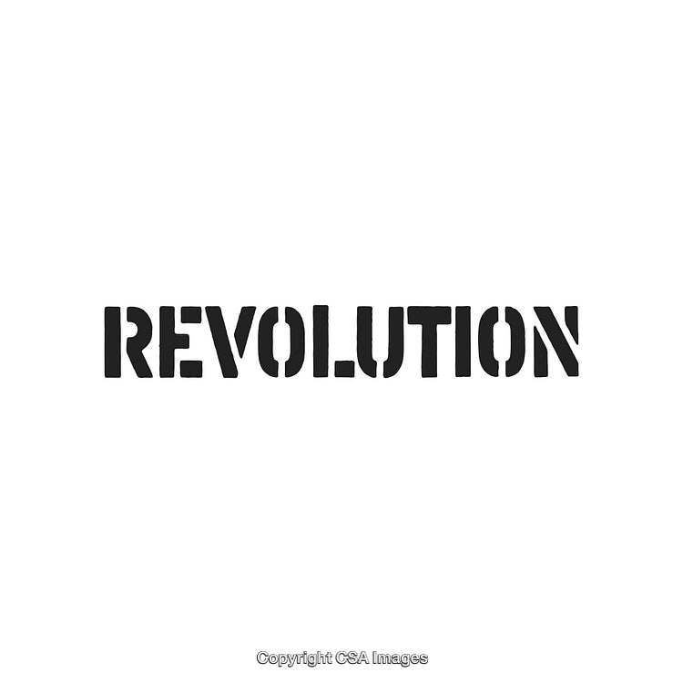 Revolution Text Stenciled on White Background Symbolizing Change and Transformation