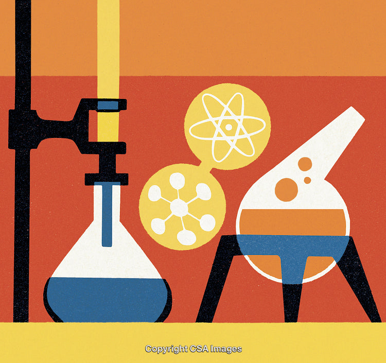 Retro Science Illustration Featuring Beaker, Atomic Models, and Chemistry Setup