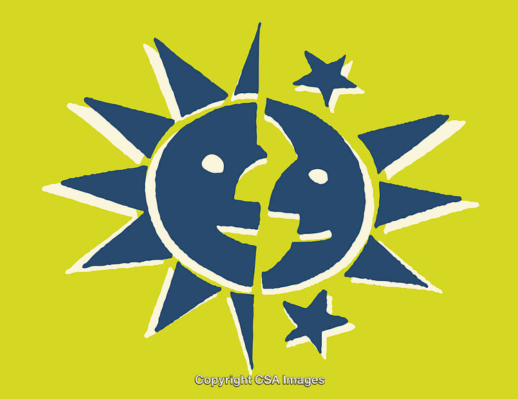 Symbolic Sun and Moon Illustration with Bright Yellow Background