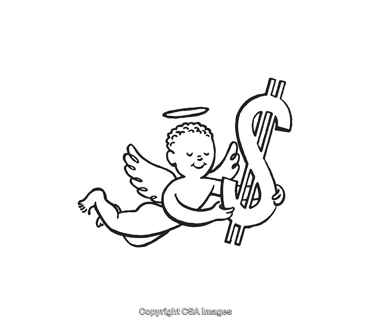 Black and White Angel Embracing Dollar Sign Line Art Illustration