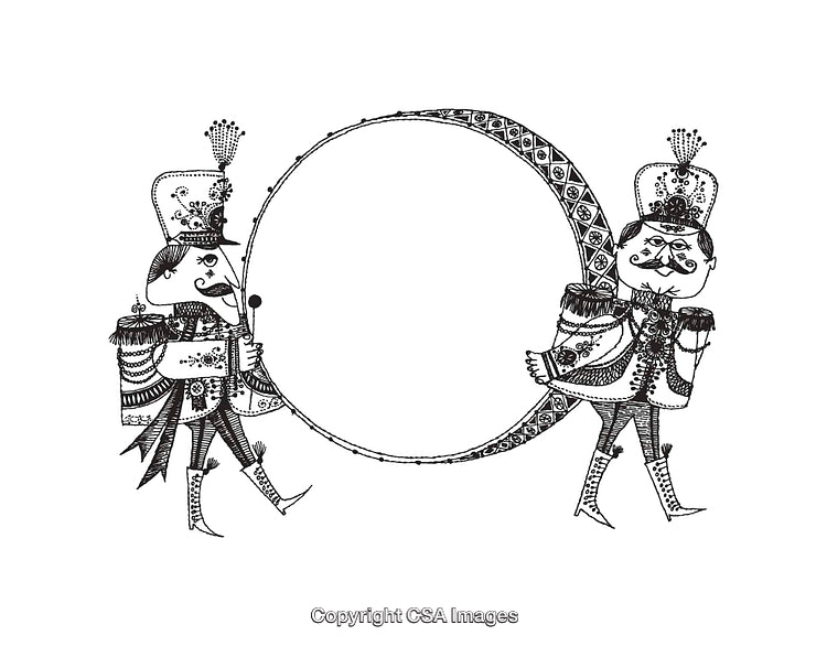 Intricate Black and White Line Art of Two Soldiers Holding a Circular Object