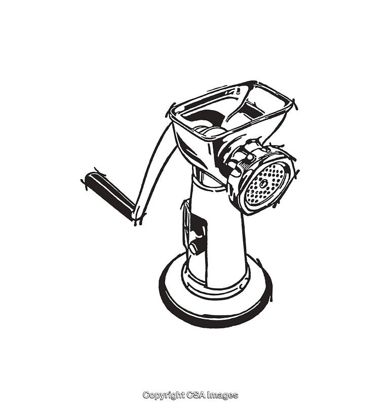 Black-and-White Line Art Illustration of a Manual Meat Grinder