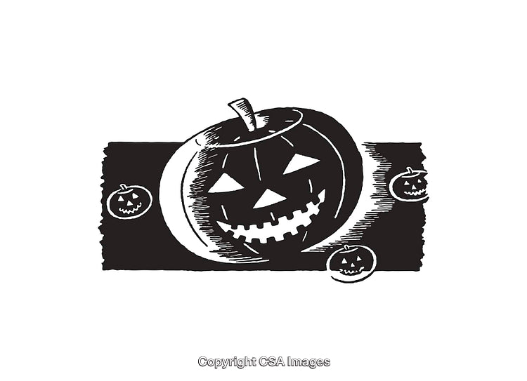 Black and White Line Art Illustration of a Jack-O'-Lantern with Small Pumpkins