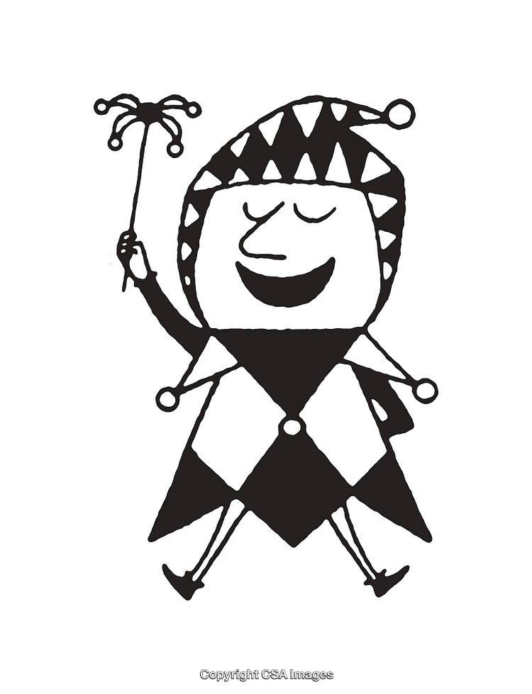 Whimsical Black and White Jester Line Art Illustration