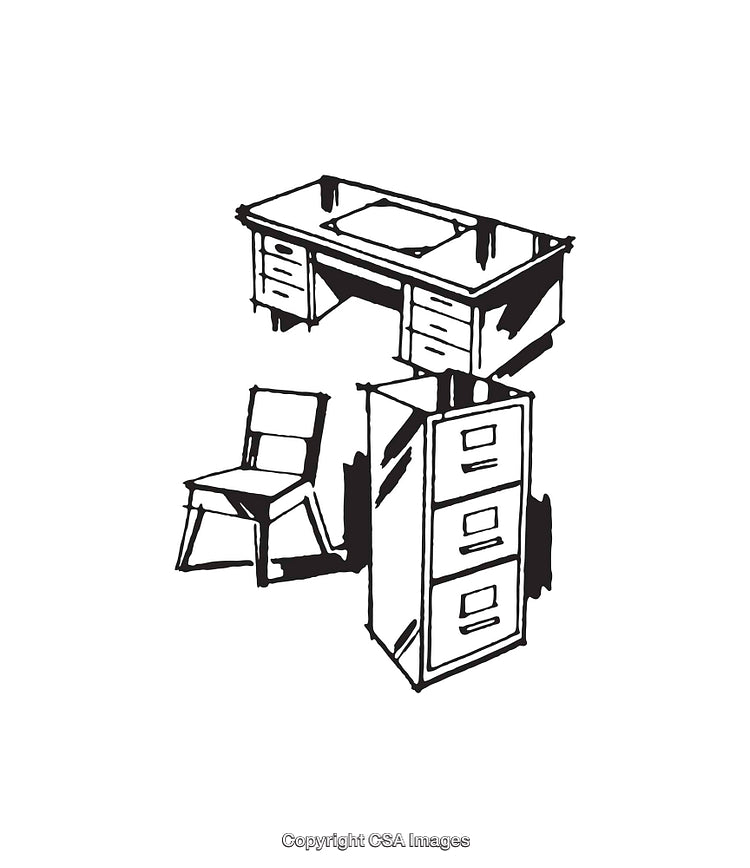 Hand-Drawn Illustration of Desk, Chair, and Filing Cabinet in Black and White