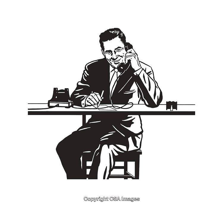 Black and White Illustration of a Businessman Talking on a Telephone