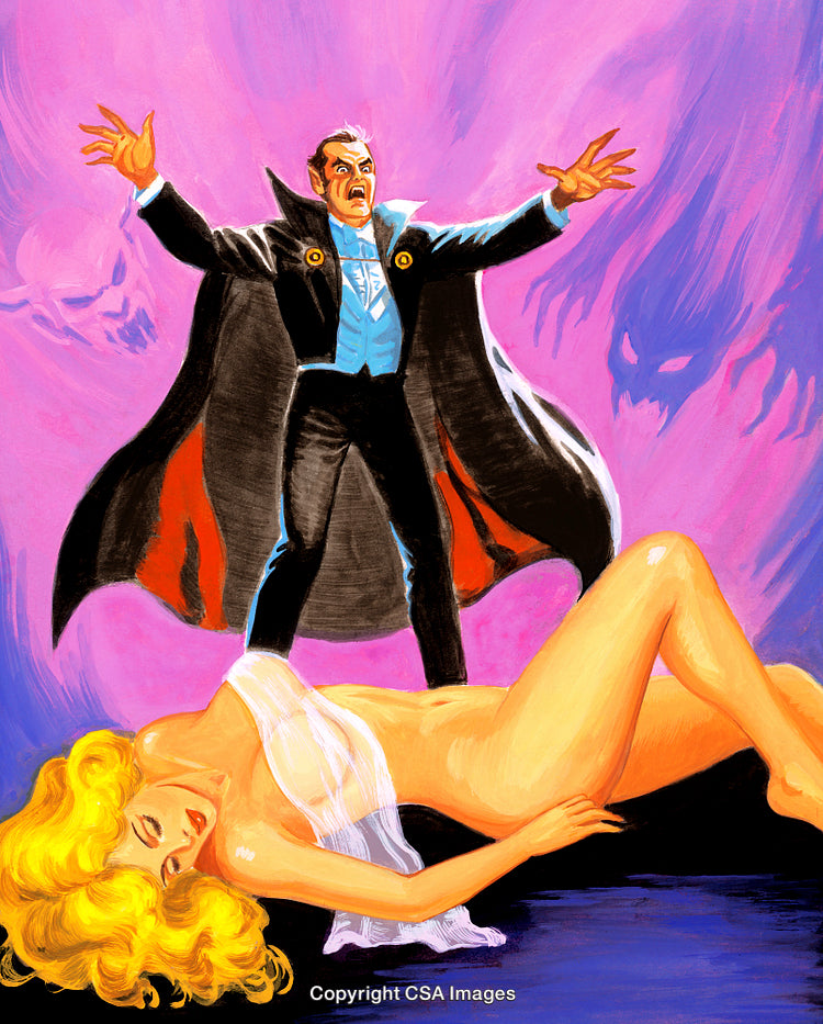 Dramatic Vampire and Mystical Woman in Vibrant Artistic Illustration