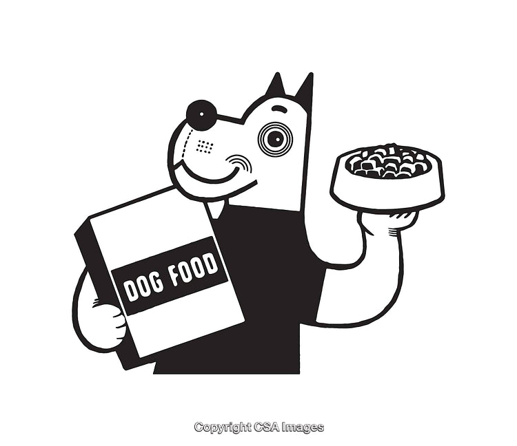Line Art Illustration of a Cartoon Dog Holding Dog Food and a Food Bowl