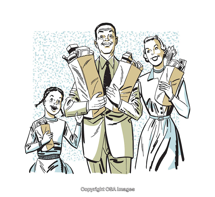 Happy Family Carrying Groceries in Retro Style Illustration