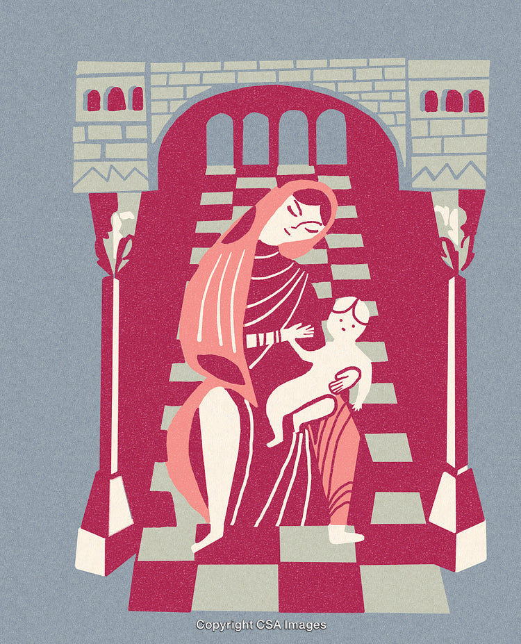 Illustration of a Madonna and Child in a Historic Architectural Setting