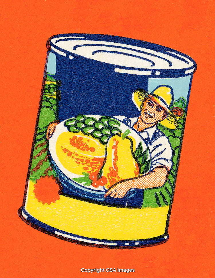 Vintage Graphic of a Canned Food Product with Farmer Illustration