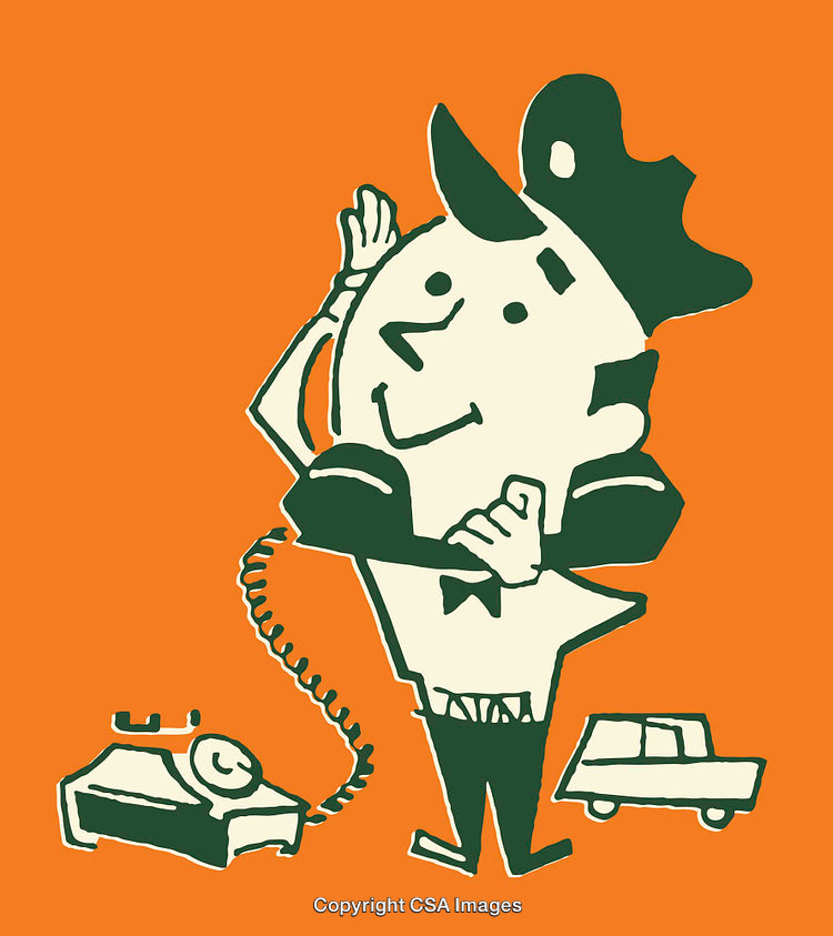 Retro Style Cartoon of Man Talking on Phone with Car and Telephone