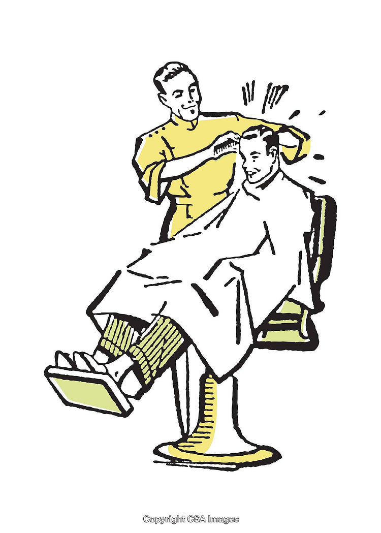 Barber Giving Haircut to Client in Vintage Illustrated Style