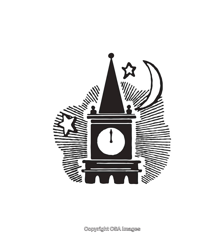 Monochrome Clock Tower Illustration With Moon and Stars in Artistic Design