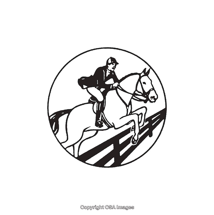 Black and White Illustration of an Equestrian and Horse Jumping a Fence