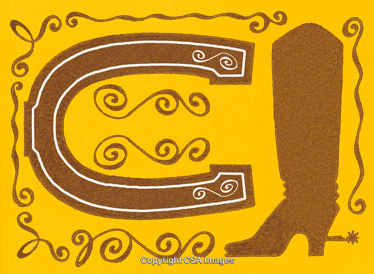 Western Style Art Featuring Horseshoe and Cowboy Boot Silhouette on Yellow Background