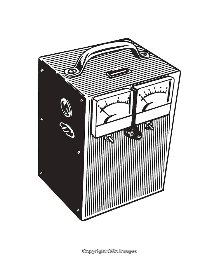 Vintage Electrical Device Illustration with Retro Gauge Meters in Black and White