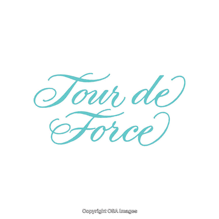 Elegant Script Text Display of the Phrase 'Tour de Force' in Turquoise