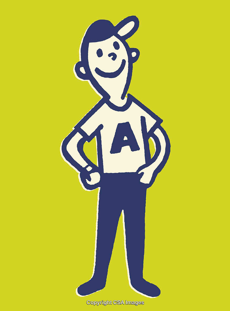 Smiling Cartoon Character on Bright Background Wearing a Hat and Lettered Shirt