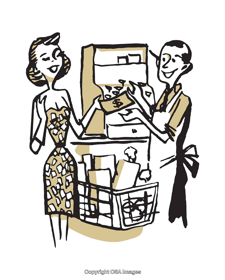 Retro Style Shopping Illustration Featuring a Friendly Customer Interaction