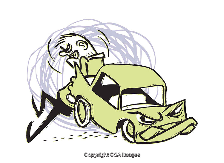 Cartoon Illustration of a Man Struggling With an Angry Vehicle