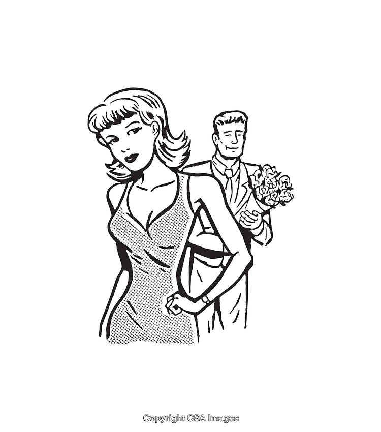 Retro Black and White Line Art of Romantic Couple with Flowers