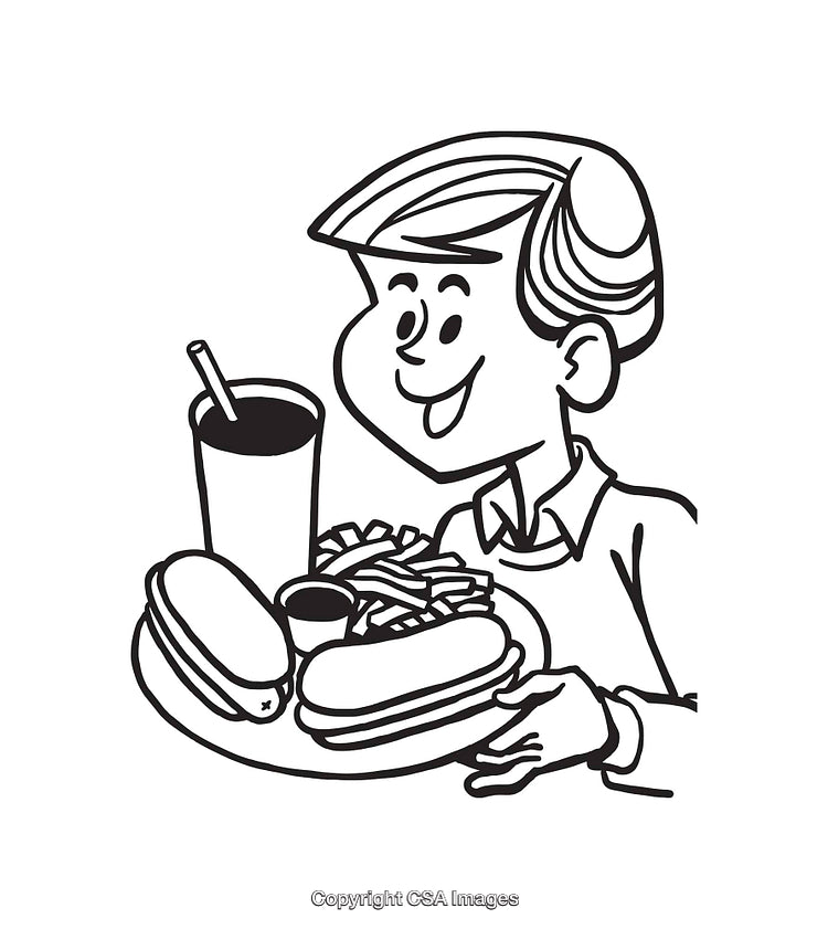 Black and White Cartoon of Kid Eating Sandwiches and Fries with Drink