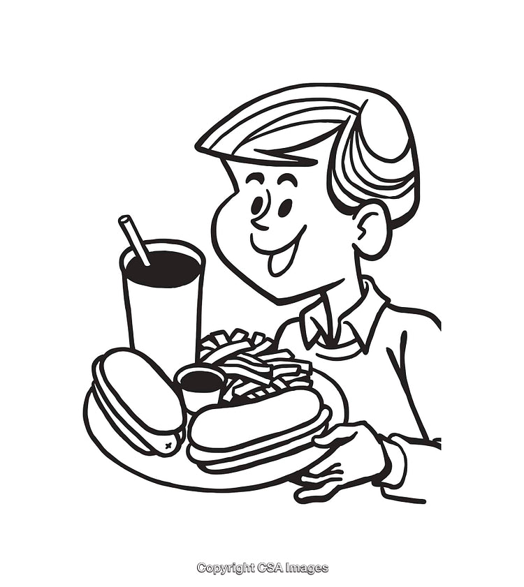 Black and White Cartoon of Kid Eating Sandwiches and Fries with Drink
