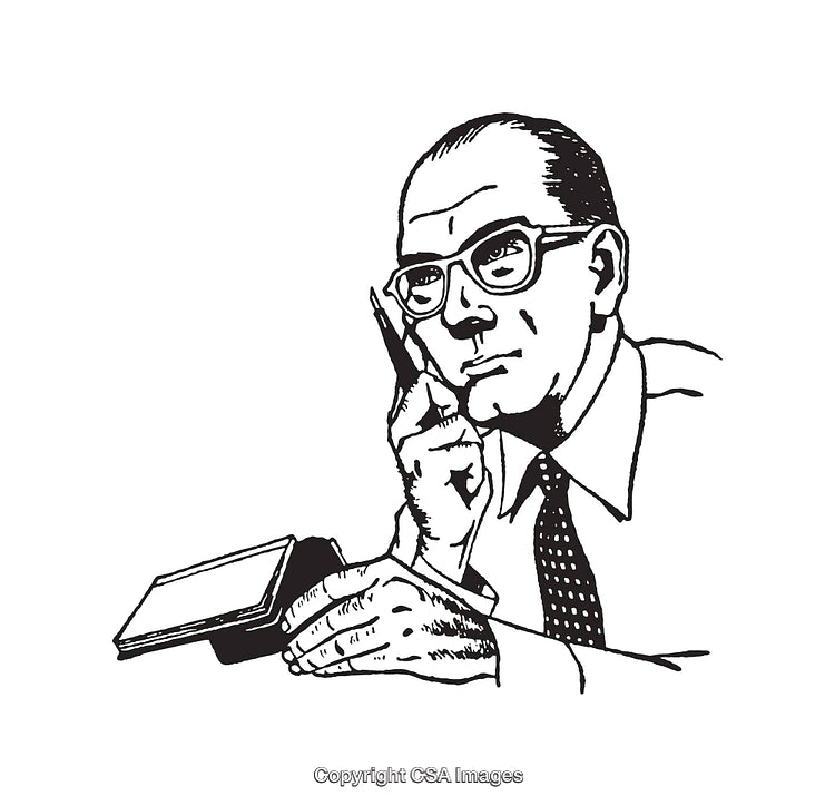 Vintage Line Art of a Thoughtful Businessman With Notebook and Pen