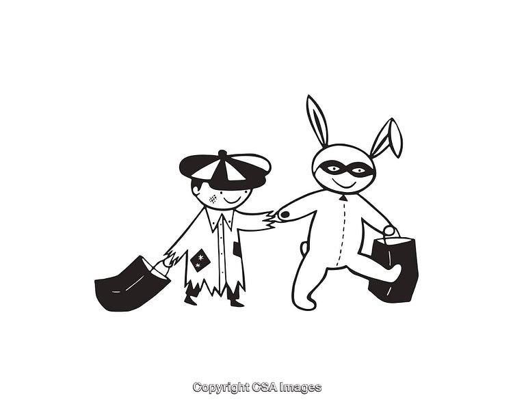 Black and White Line Art of Children Dressed in Costumes for Halloween