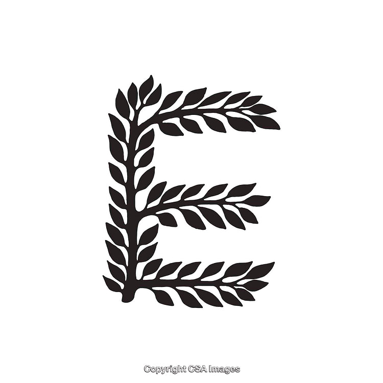 Capital Letter E in Decorative Black Leaf Pattern Design