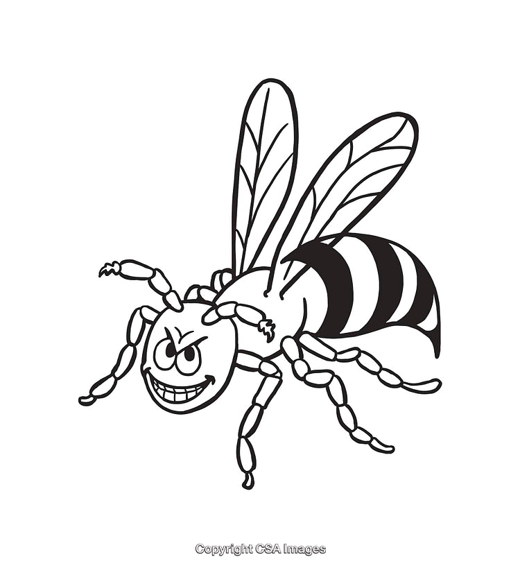 Smiling Cartoon Wasp Line Art Illustration With Black and White Details