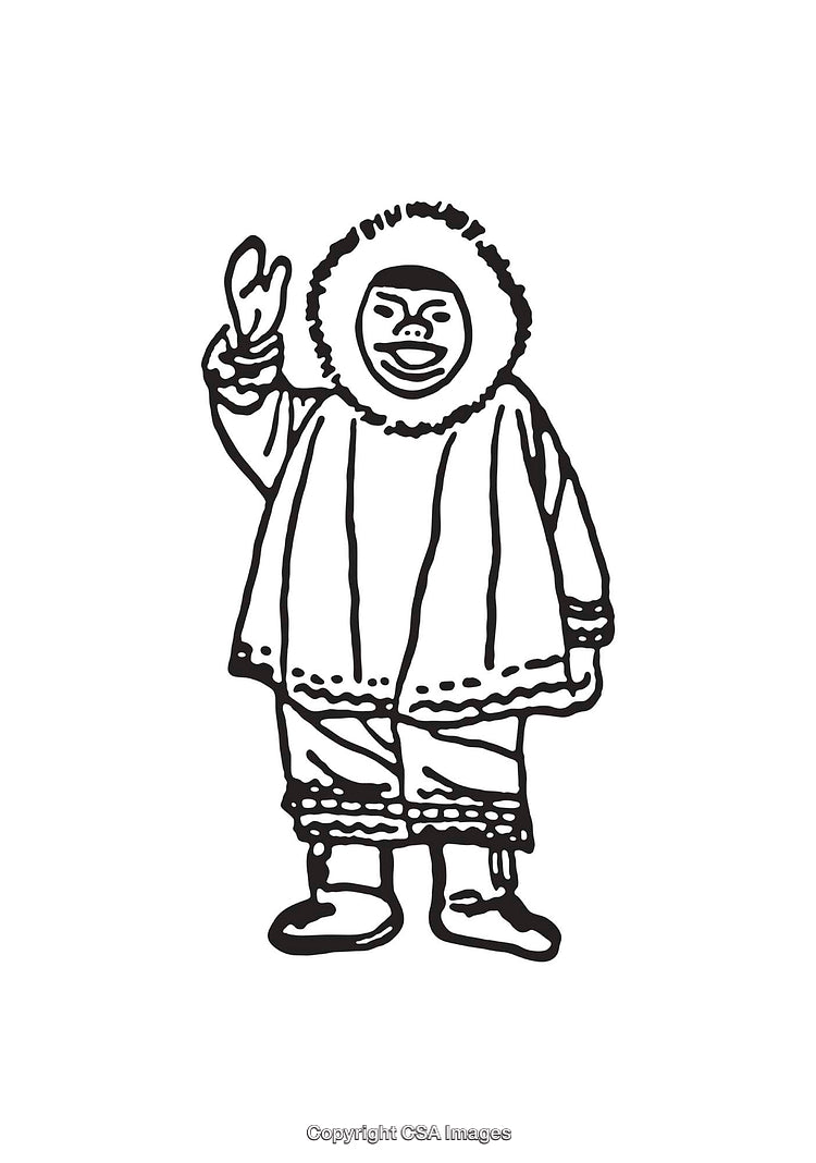 Black and White Line Art Illustration of Person in Traditional Winter Clothing