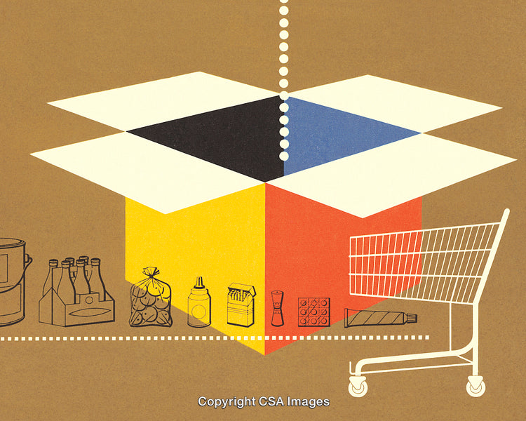 Minimalist Illustration of Shopping Essentials and an Open Cardboard Box