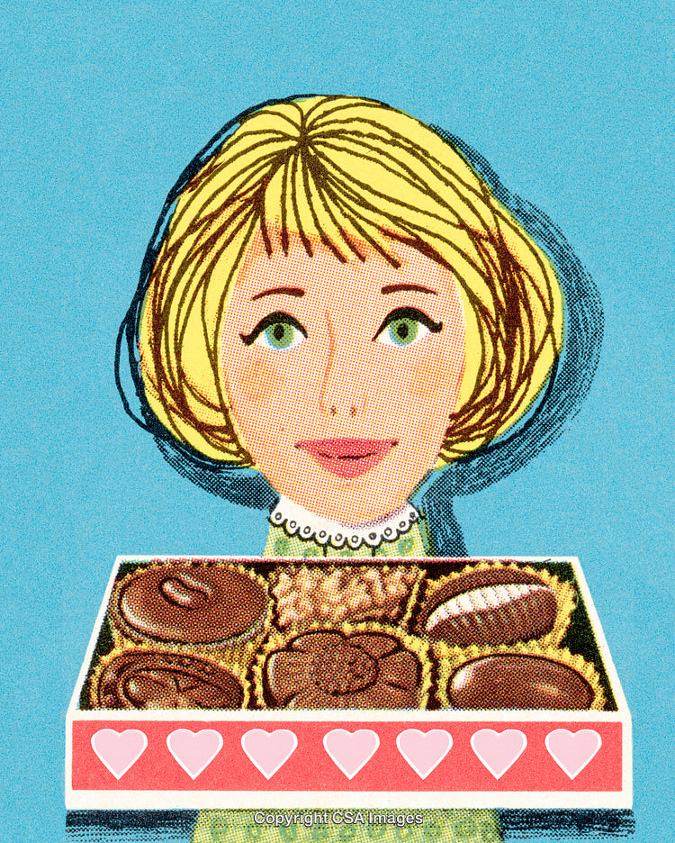 Retro Illustration of a Woman With a Box of Assorted Chocolates