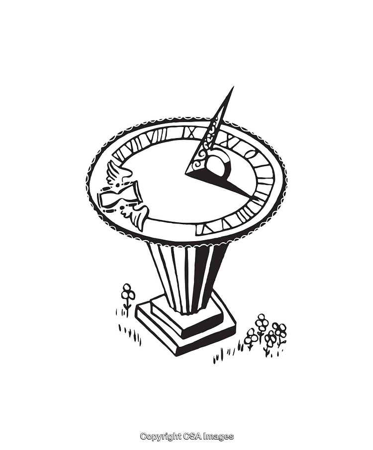Elegant Sundial Illustration with Line Art Design and Botanical Details