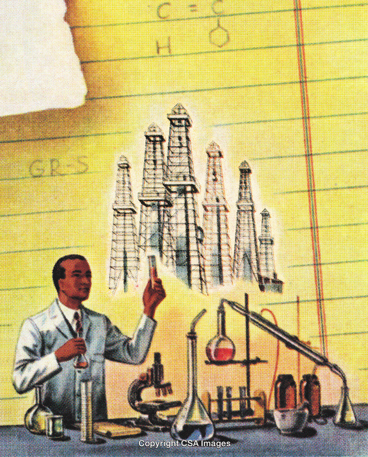Chemist Performing Experiment in Lab with Industrial Background Illustration