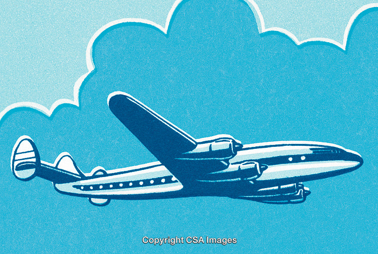 Vintage Illustration of Airplane in Flight Against a Blue Sky