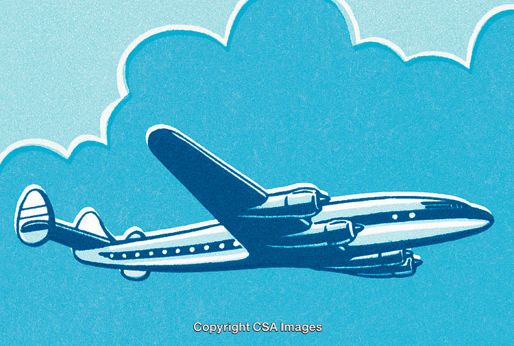 Vintage Illustration of Airplane in Flight Against a Blue Sky