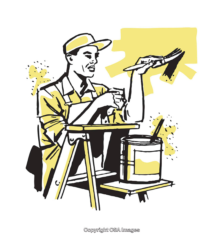 Worker Painting a Surface With a Brush and Paint Can