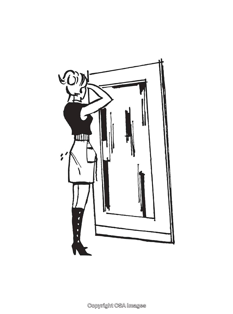 Black and White Line Art Illustration of a Woman Observing a Mirror