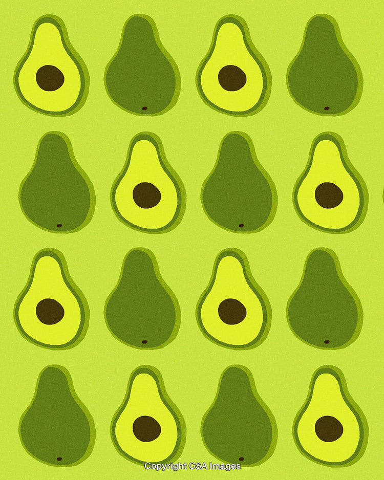 Seamless Pattern Featuring Stylized Green Avocado Halves and Whole Fruits