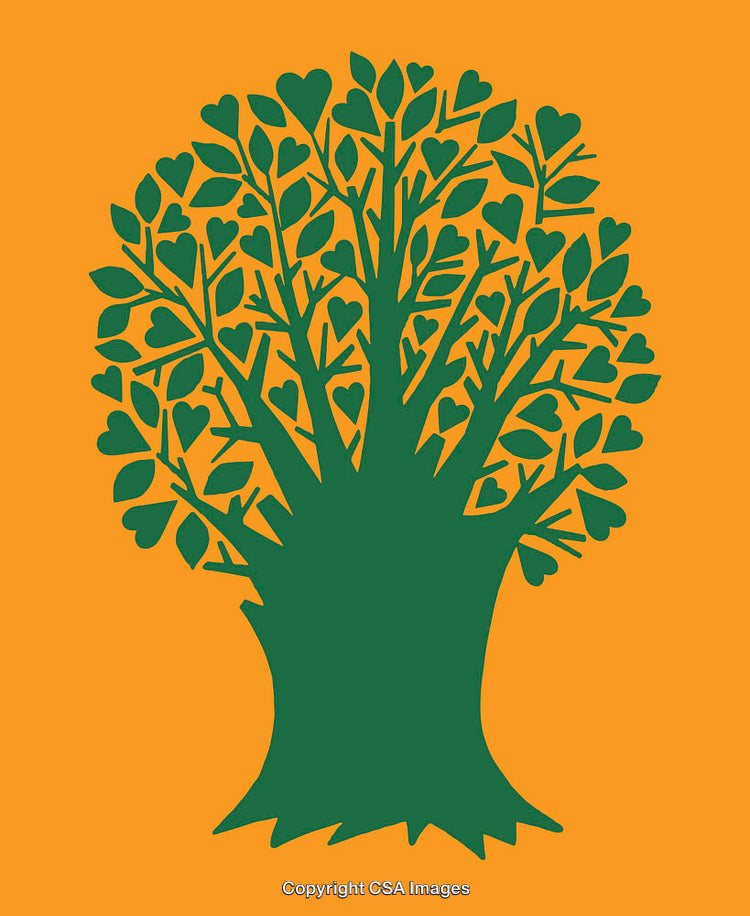 Tree Silhouette with Heart-Shaped Leaves on Orange Background