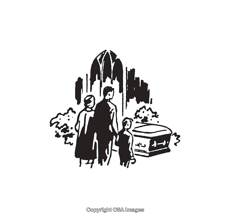 Black and White Line Art Depicting Family Gathering at a Cemetery
