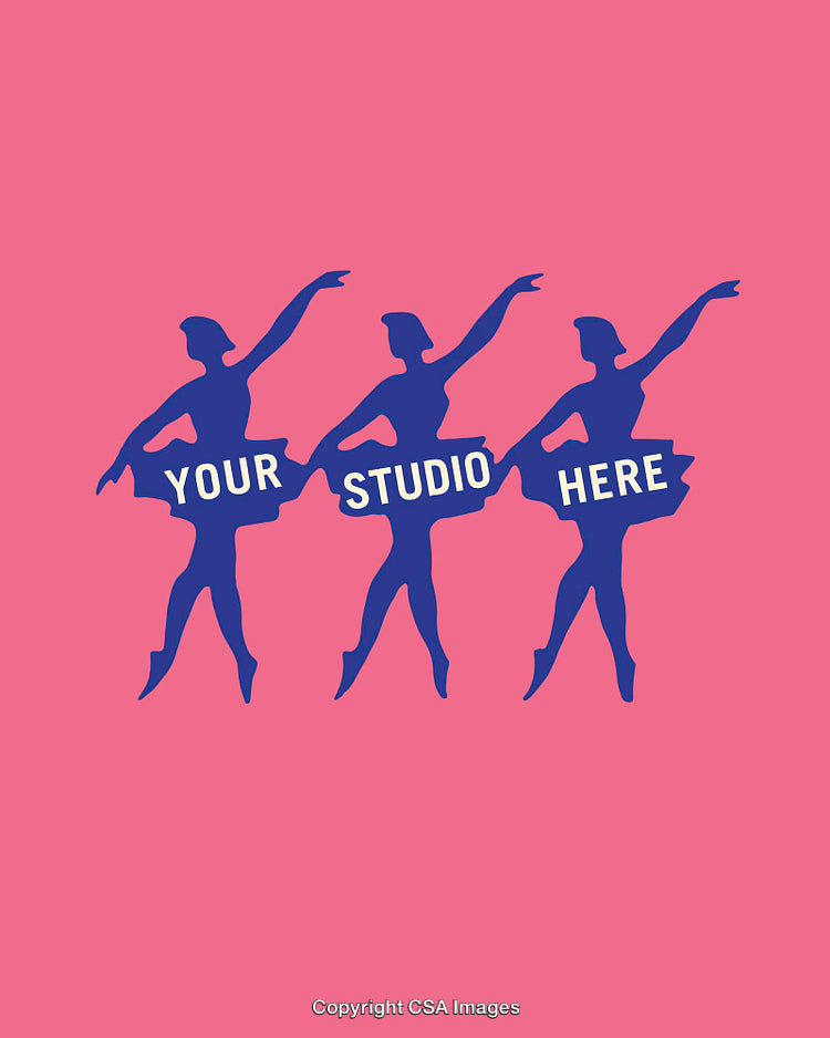 Three Ballet Dancers Silhouettes in Pink Background Promoting Studio Branding