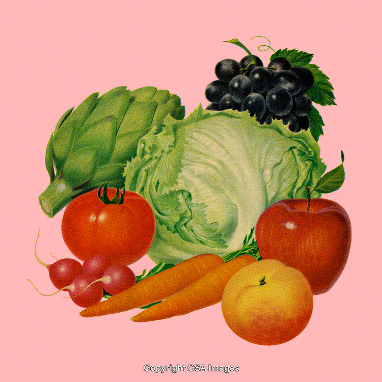 Assorted Fruits and Vegetables Arranged on Light Pink Background