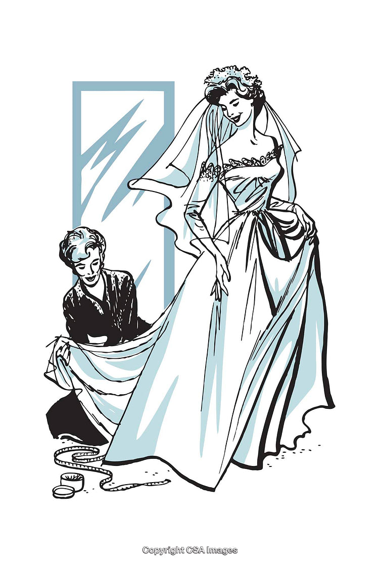 Tailor Adjusting a Bride's Gown in Retro Style Illustration