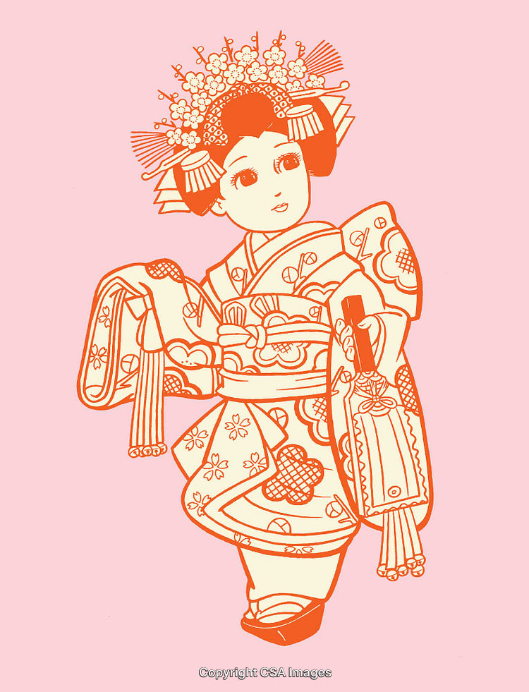 Traditional Japanese Kimono Illustration Featuring Floral and Ornamental Patterns