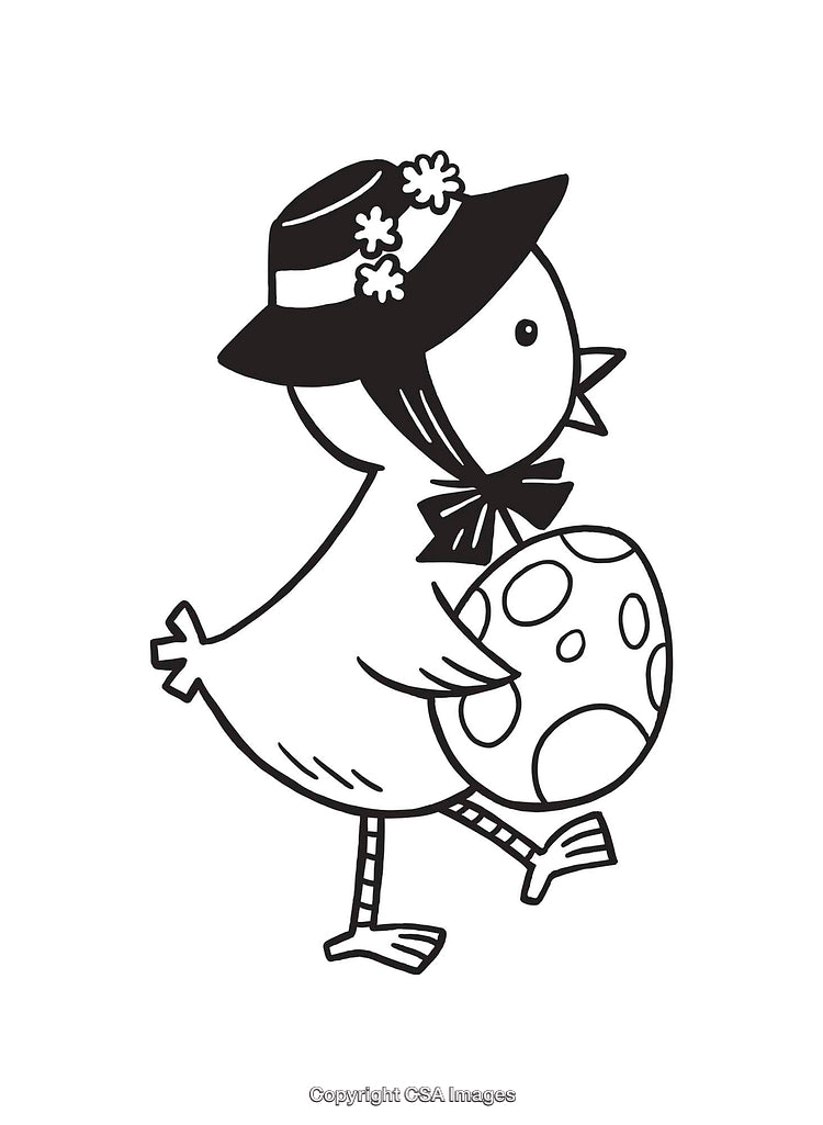Cute Black And White Illustration of Chick Carrying An Easter Egg